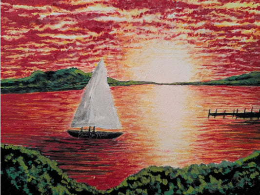 Digital Print - Hand Painted Sailboat on Calm Waters into the Sunlight