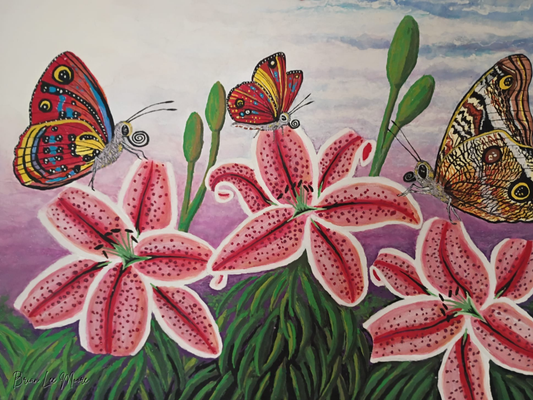 Digital print - Pink Lilies and Resting Butterflies
