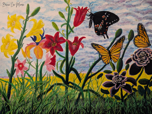 Digital Print - Hand Painted Garden - Vibrant Mixed Flower & Monarch Butterflies